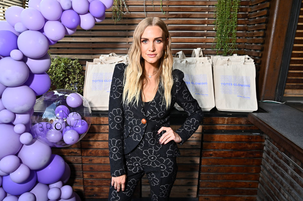 Ashlee Simpson posing by a string of balloons