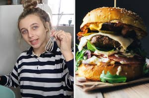 On the left, Emma Chamberlain holding a mini whisk, and on the right, a tall, gooey cheeseburger