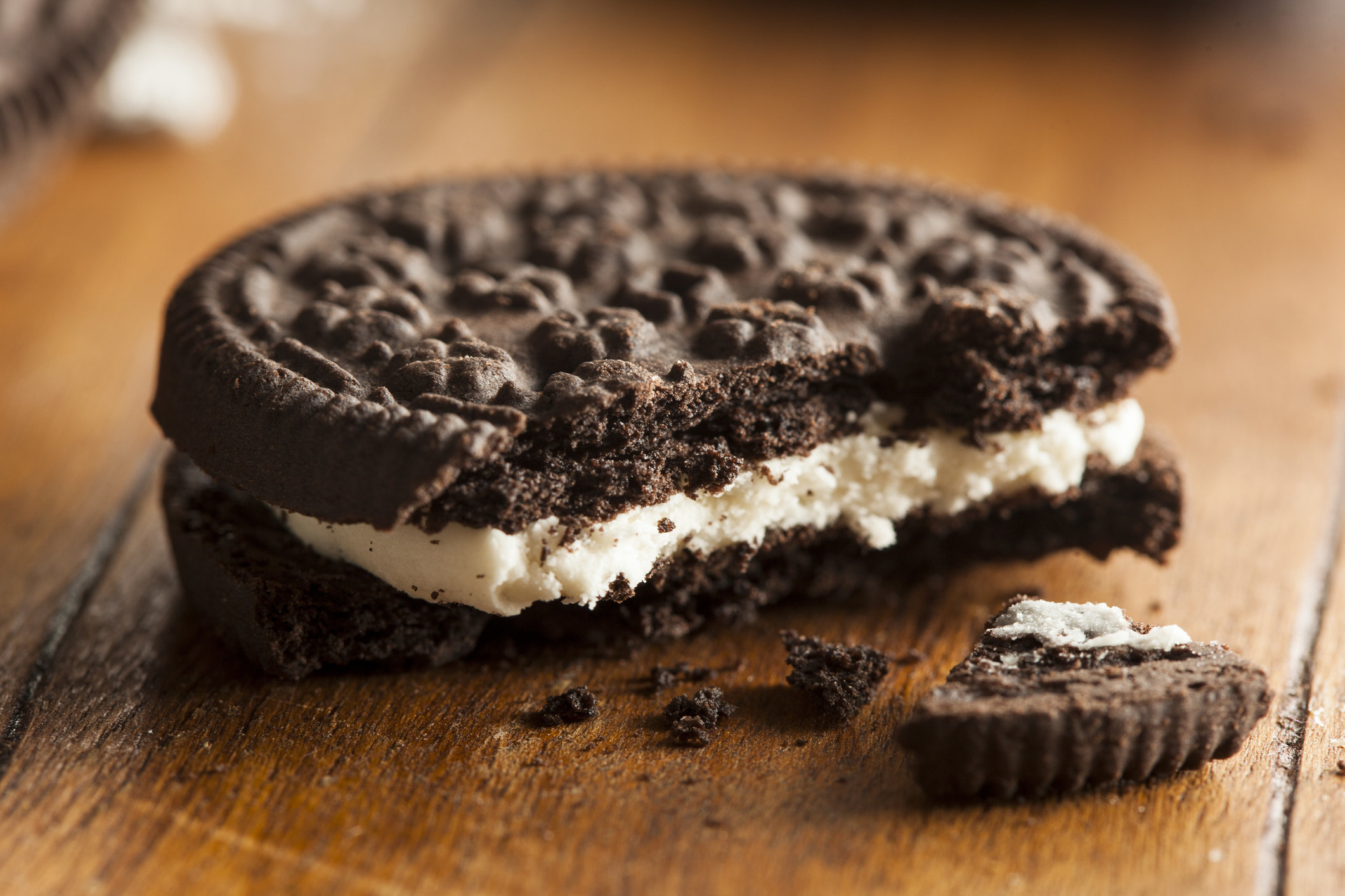 An Oreo cookie on a tabletop.