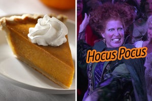 On the left, a slice of pumpkin pie topped with whipped cream, and on the right, Winifred from Hocus Pocus