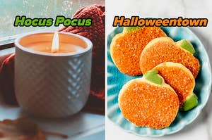 On the left, a lit candle in a windowsill labeled Hocus Pocus, and on the right, some pumpkin-shaped sugar cookies labeled Halloweentown