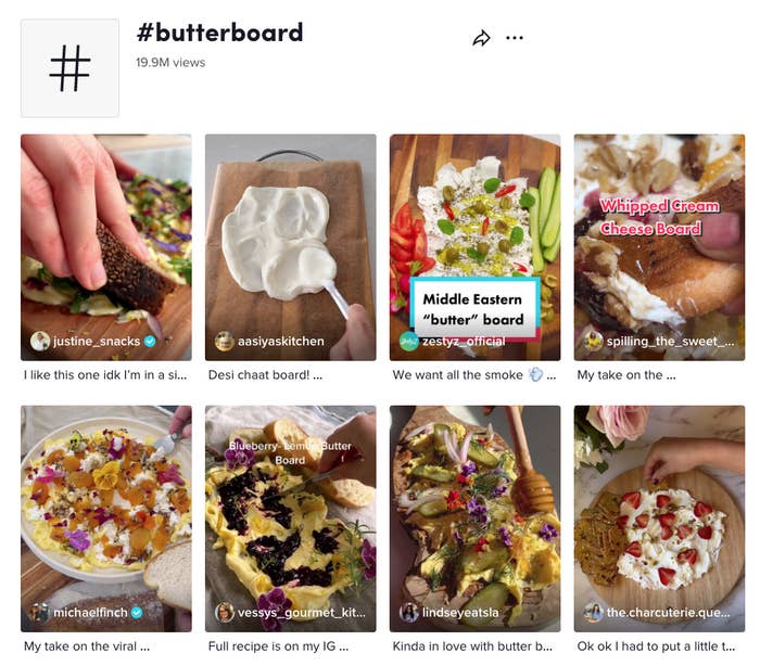 various butter boards on a screenshot of the butter board hashtag on tiktok