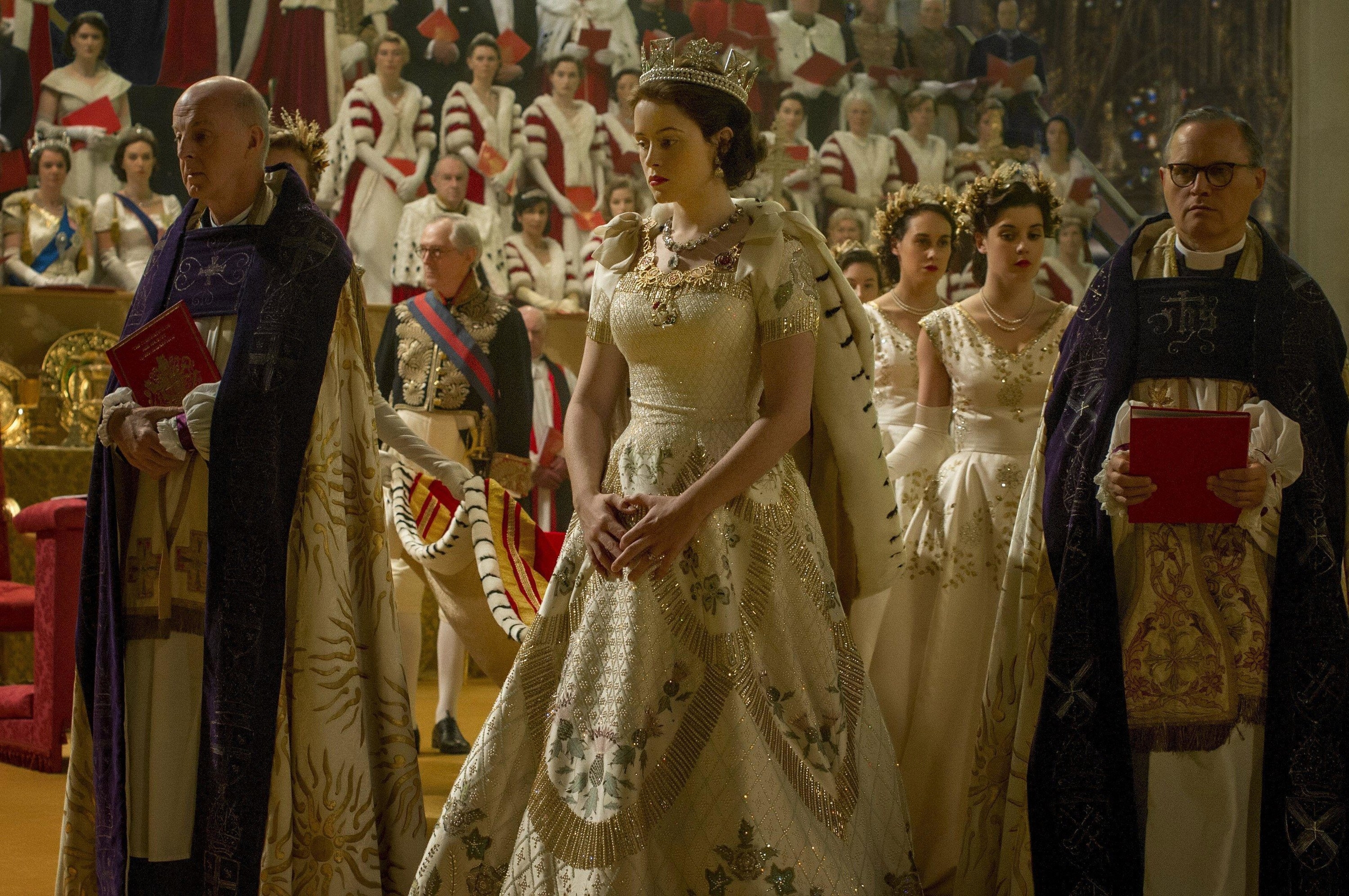 the Queen getting coronated in &quot;The Crown&quot; wearing an ornate sequined gown