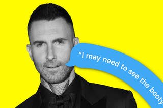 Adam Levine with a text bubble drooping out of his mouth that says 