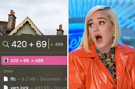 a screenshot of the spotlight feature on a macbook adding 420 and 69 to equal 498 and katy perry looking shocked
