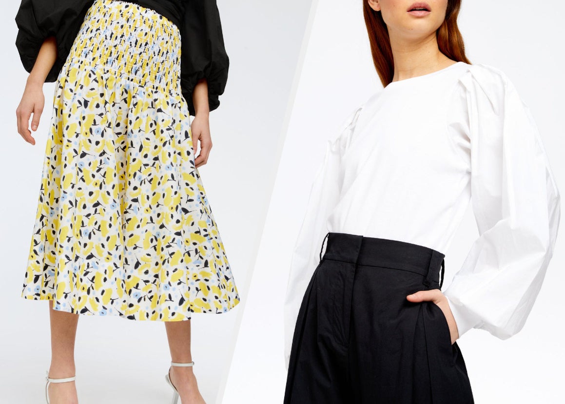 Two images of models wearing a skirt and white top with black pants