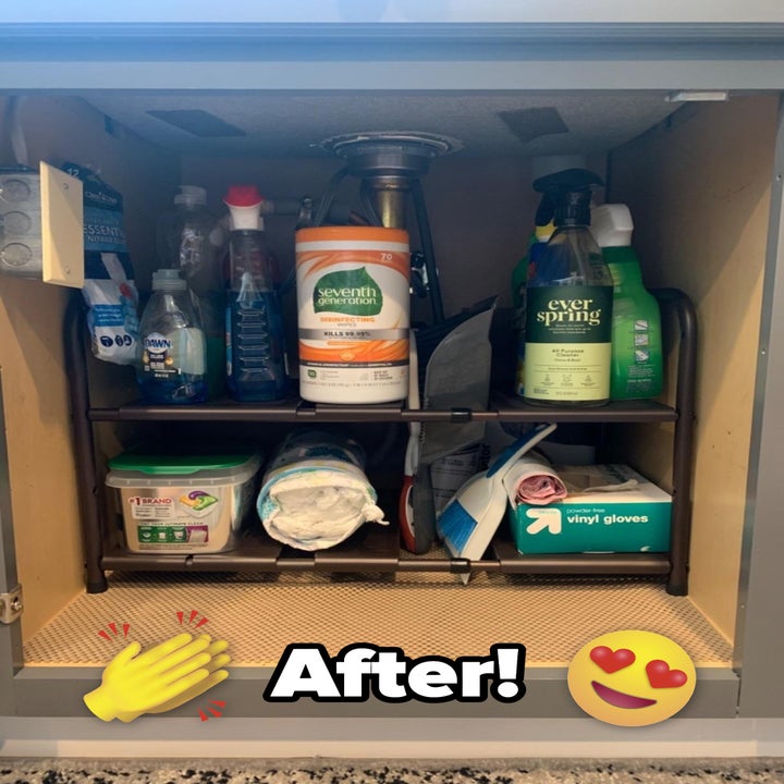 The same reviewer's organized cabinet after using the shelf
