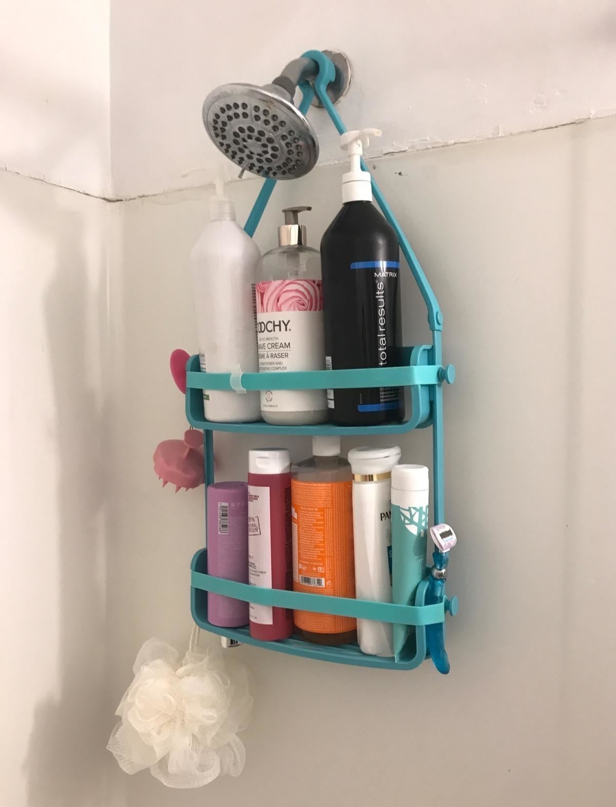Reviewer&#x27;s caddy holding various products and hanging from the shower head