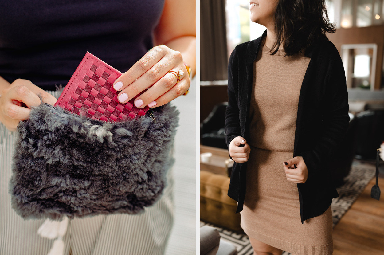 Two images of the fur pouch, pink wallet, and black sweater