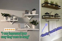 Reviewer image of three white floating wall shelves with rhombus backing and plants and candles on top, reviewer image of two wood and black floating wall shelves with railing and bottom towel bar
