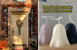 front door banners saying "it's october witches" and "trick or treat" / three ghost candles
