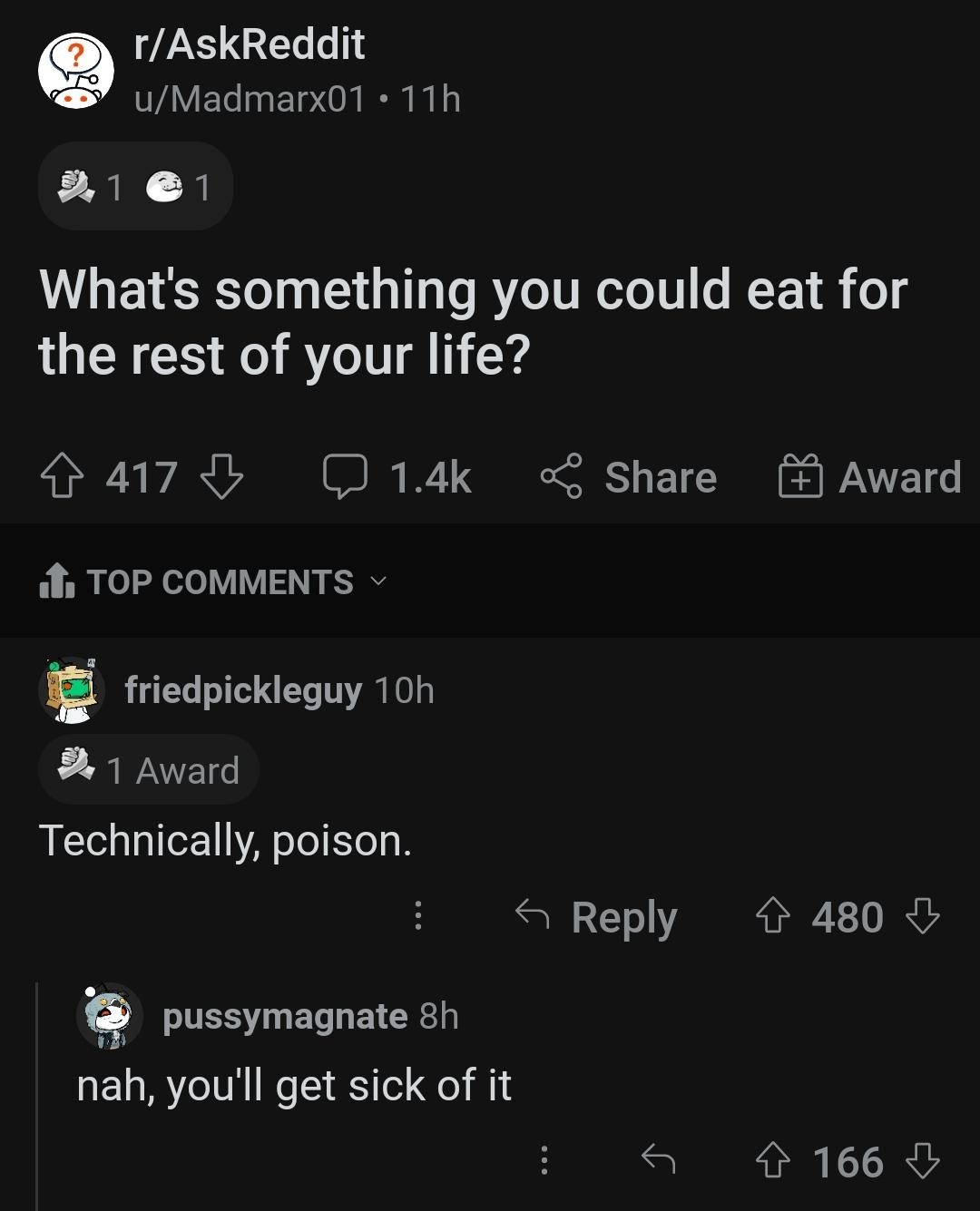 someone asks what you could eat for the rest of your life and someone says poison
