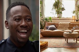 On the left, Winston from New Girl smiling brightly, and on the right, a leather couch on the floor surrounded by various hanging plants