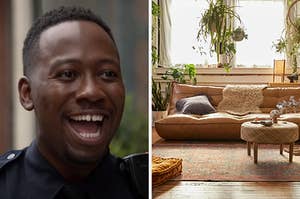 On the left, Winston from New Girl smiling brightly, and on the right, a leather couch on the floor surrounded by various hanging plants