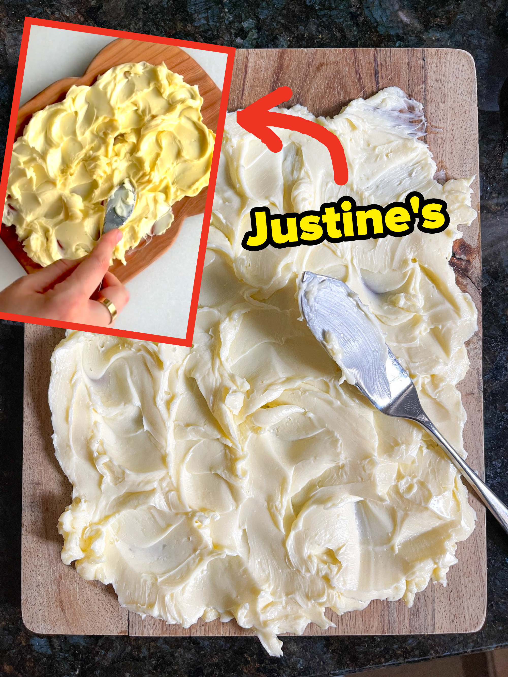 author&#x27;s butter spread on cutting board vs. the original creator&#x27;s via a screenshot