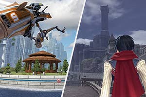 On the left is a screenshot from Riptide GP: Renegade and on the right is a screenshot from YS IX: Monstrum Nox