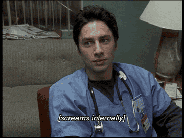 Zach Braff twitching his face with the words &quot;[screams internally]&quot;