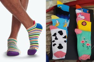 Two images of colorful socks