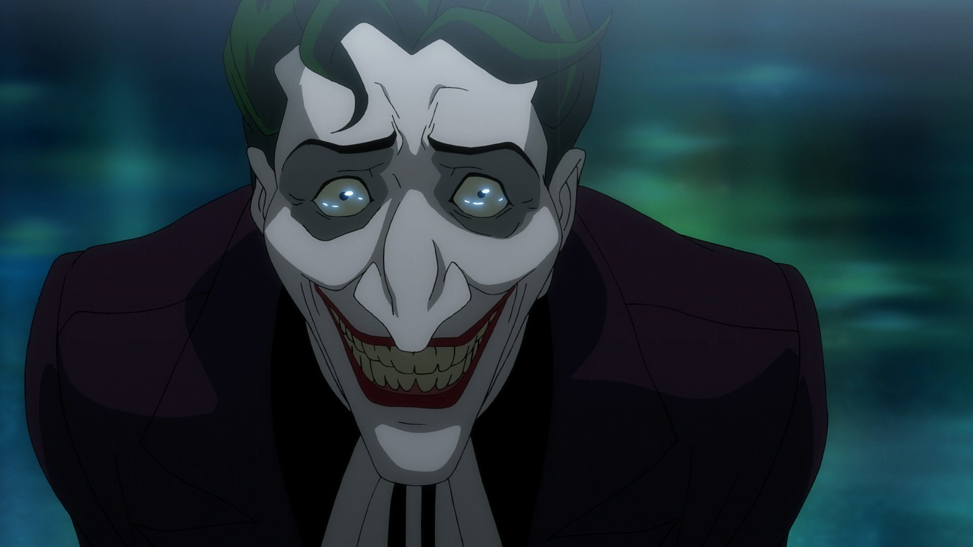 the Joker smiling with sad eyes
