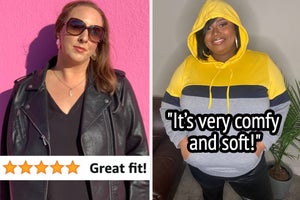 on the left a reviewer wearing a faux leather jacket and text that reads "great fit"; on the right a reviewer wearing a color block hoodie and text that reads "it's very comfy and soft"