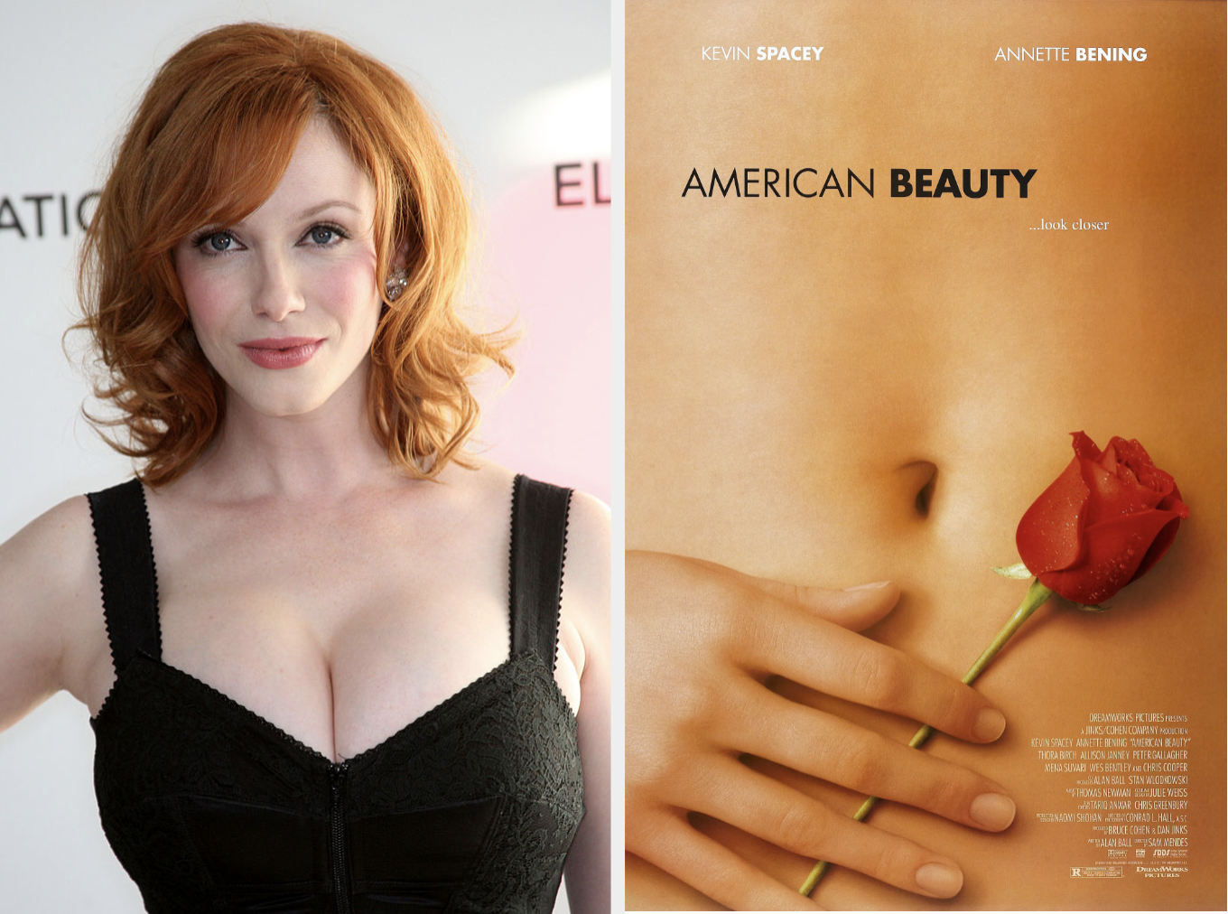 Christina alongside the movie&#x27;s poster showing a rose resting on a woman&#x27;s abdomen