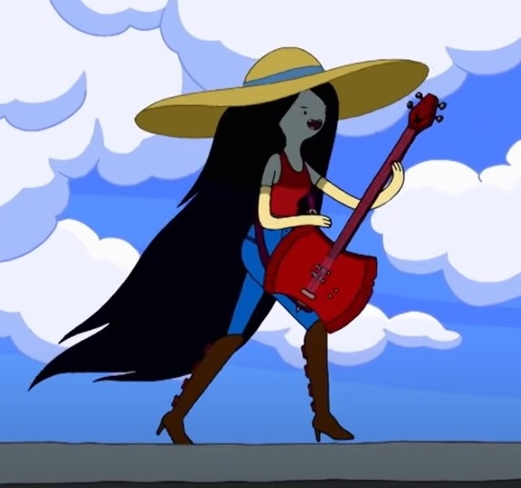Marceline playing her ax guitar while standing a top a gate