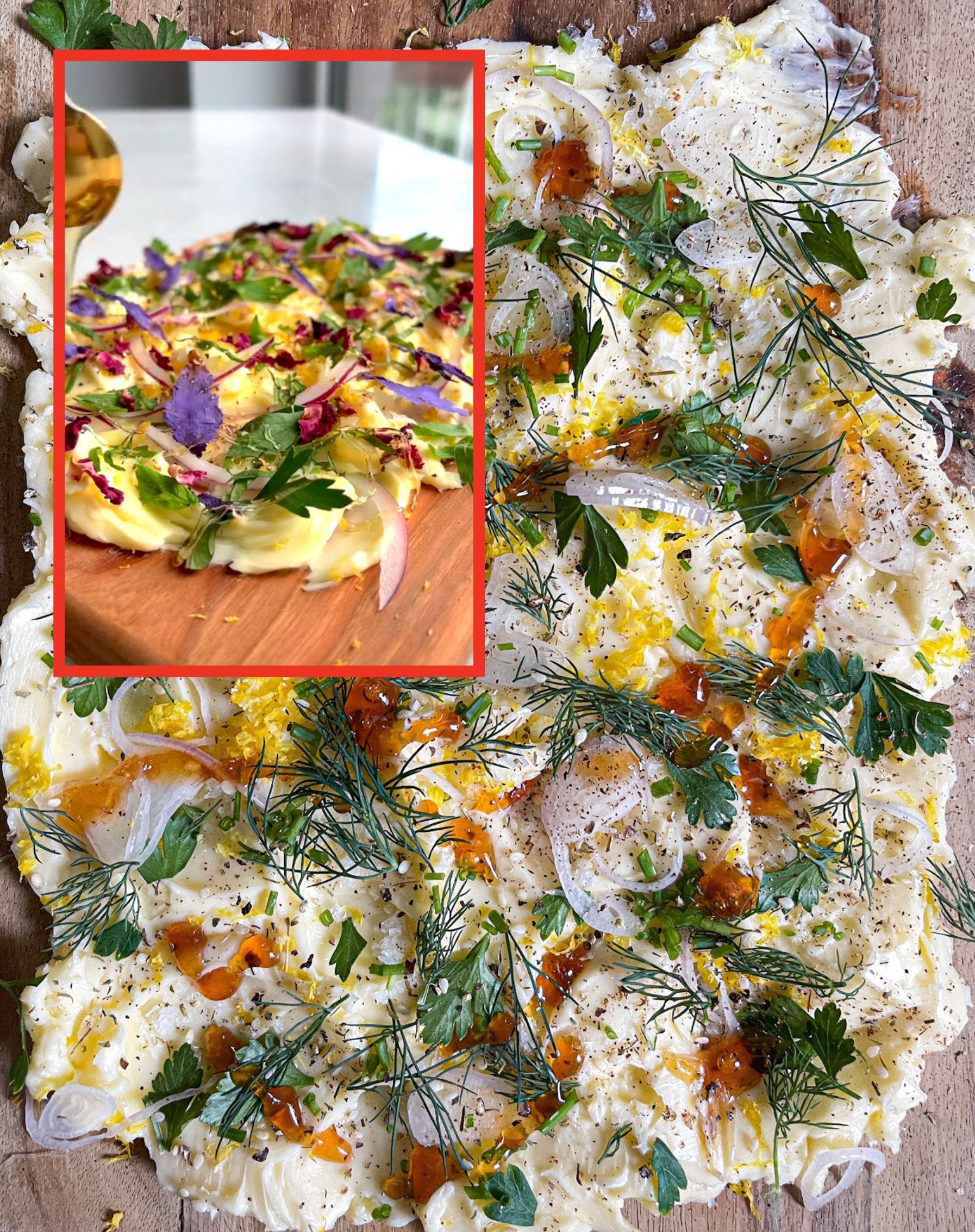 justine&#x27;s butter board with purple edible flowers via screenshot vs the author&#x27;s without the flowers, but with honey drizzled on top