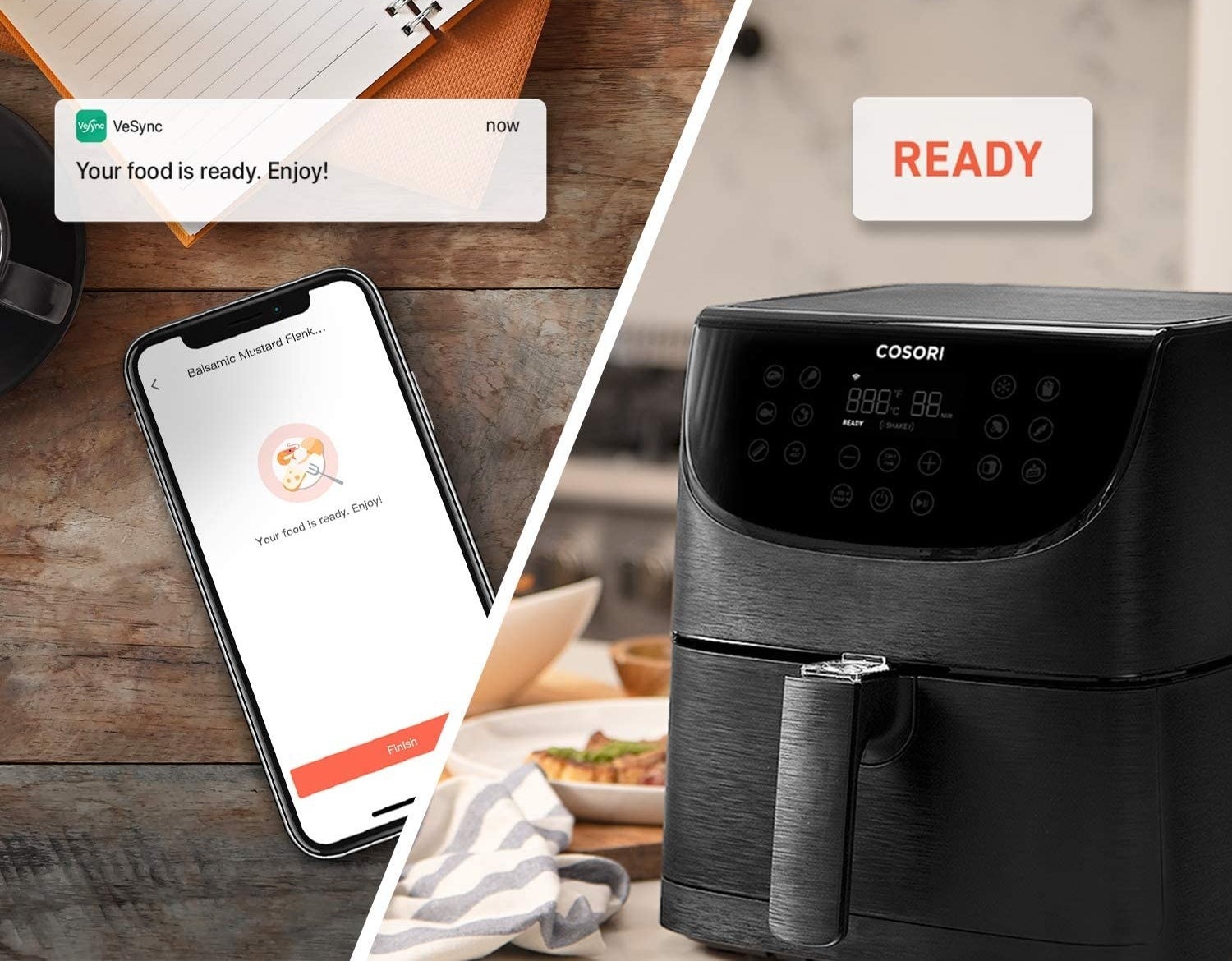 The air fryer and a phone monitoring its progress