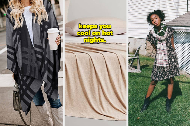 a person wearing a poncho, a blanket on a bed, and a person wearing a dress with a scarf