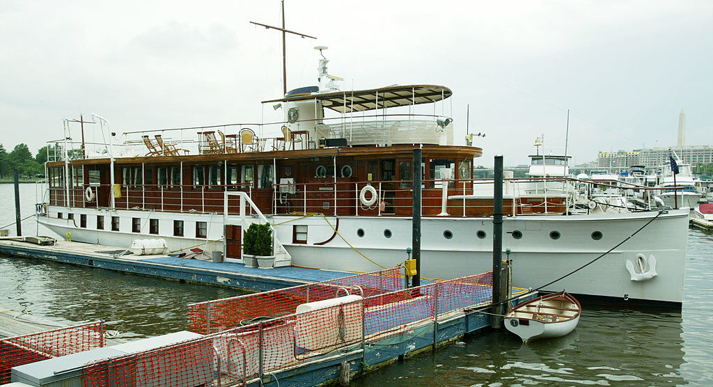 A large boat docked