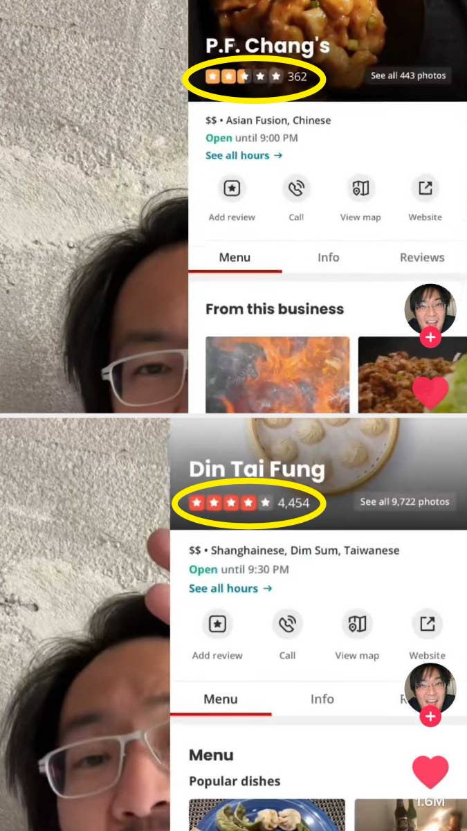 Yelp pages of P.F. Chang's and Din Tai Fung