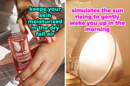 bio oil on the left and sunrise alarm clock on the right