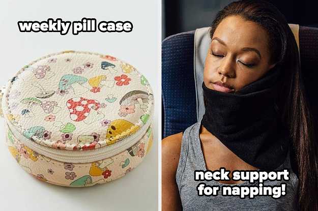 A pill case and a person wearing a neck pillow