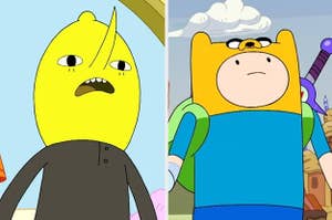 On the left is the Earl of Lemongrab looking down on his subjects and on the right is Finn explaining something to Jake