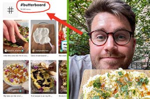 arrow pointing to butter board hashtag on tiktok and photo of author holding up butterboard to the camera