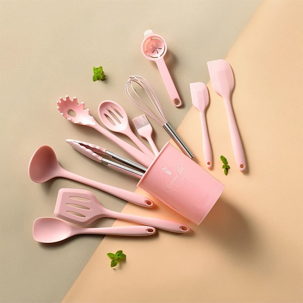 Juego de 12 utensilios de cocina de silicona color rosa