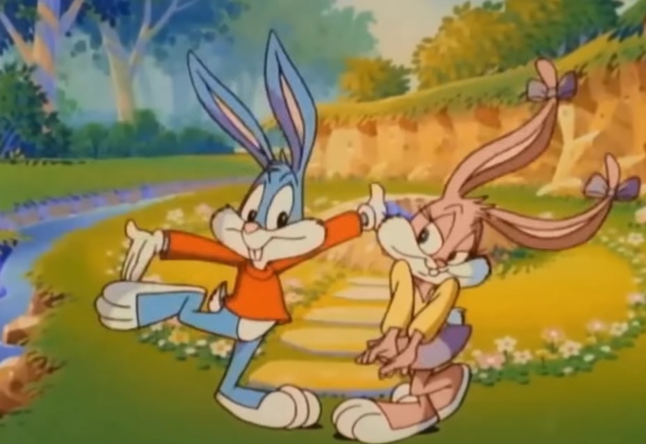 Buster and Babs Bunny stand in a garden