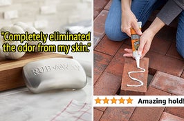 on the left a stainless steel bar and text that reads "Completely eliminated the odor from my skin"; on the right a model applying gorilla glue to a brick and text that reads "amazing hold"