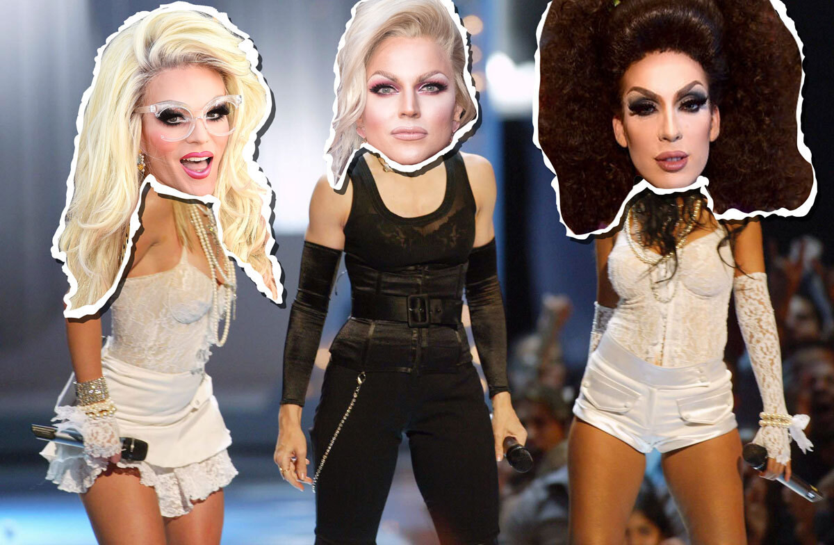 pictures of the drag queens who would play Britney, Madonna, and Christina Aguilera at the 2003 VMAs superimposed over the singers&#x27; bodies onstage