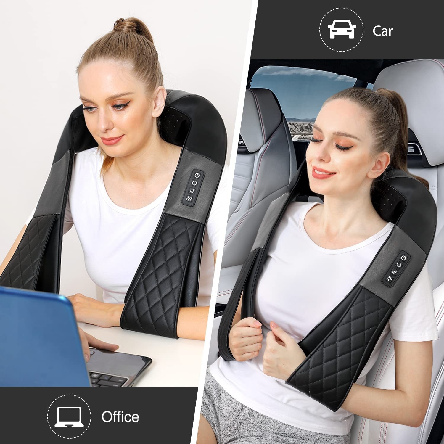A person wearing the massager at their desk and in a car