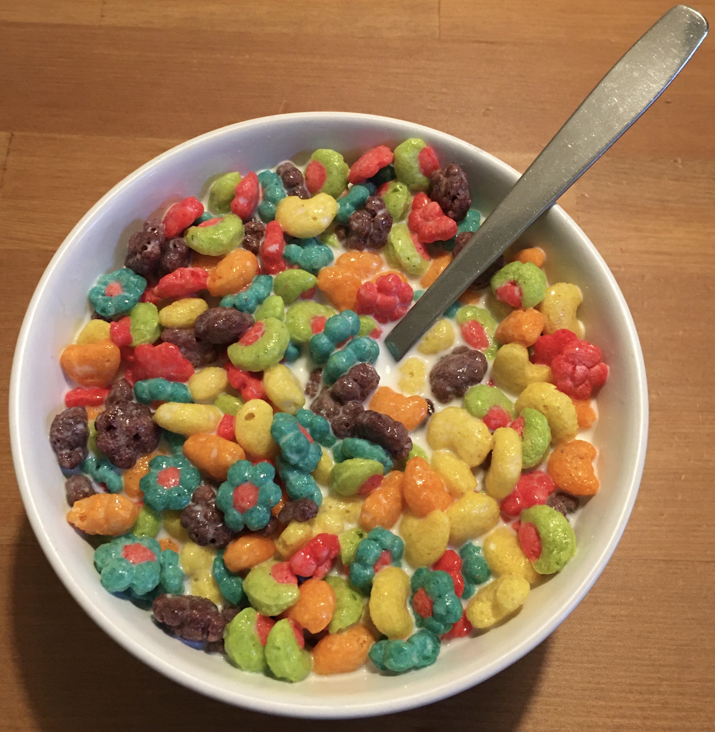 A bowl of Trix cereal.