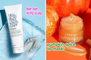 a tube of scalp conditioner styled on a block of ice with text: bye bye, itchy scalp / an orange pumpkin spice lip mask with text: pumpkin spice lip mask!
