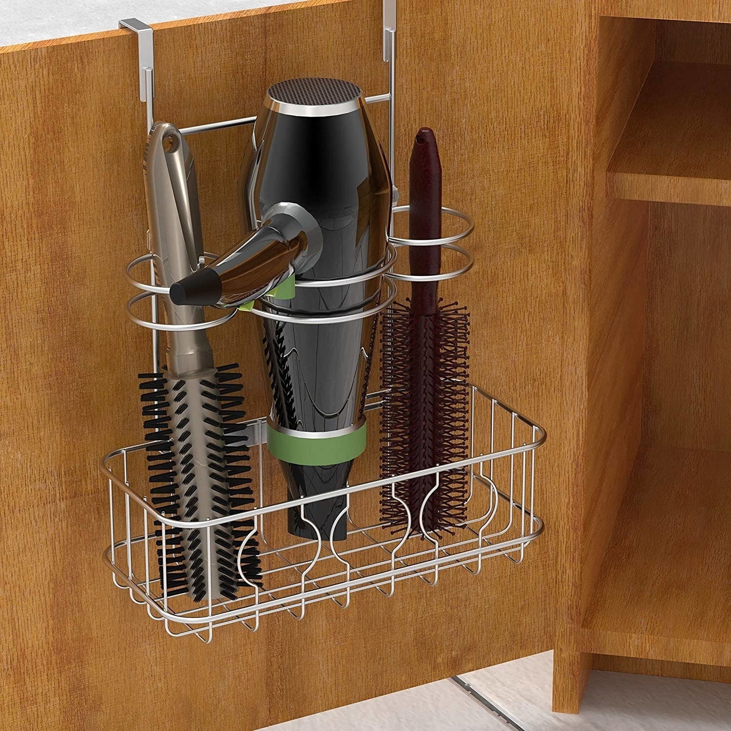hot hair tools in the over-cabinet basket