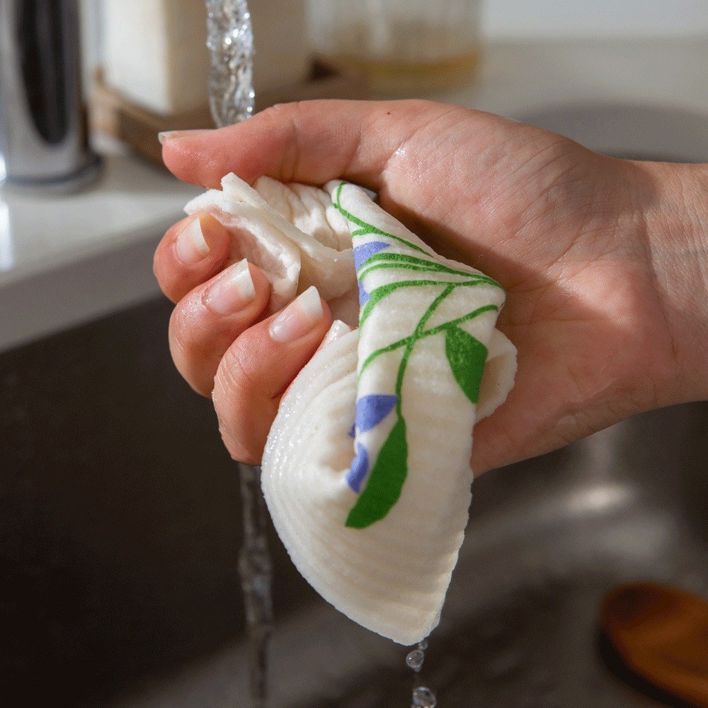 hand squeezing reusable Swedish dishcloth with floral print under faucet