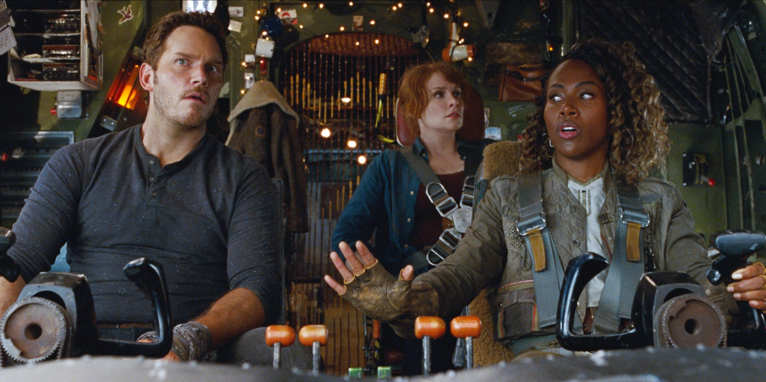 Scene from Jurassic World: Dominion with Bryce, Chris, and DeWanda Wise