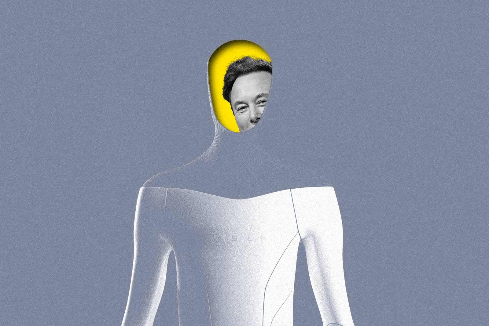 a photo illustration of Elon Musk peering from behind the Tesla humanoid robot