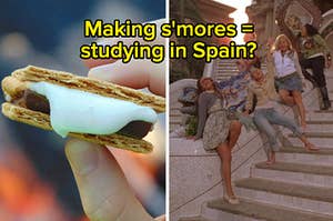 A hand holds a s'more and the Cheeth Girls stand on a staircase in Spain