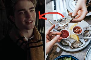 Cedric Diggory wears a Hufflepuff scarf and two hands hold one oyster