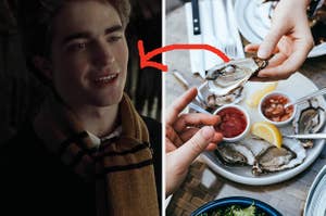 Cedric Diggory wears a Hufflepuff scarf and two hands hold one oyster