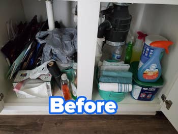 Under and reviewer's kitchen sink before using a two-tier organizer